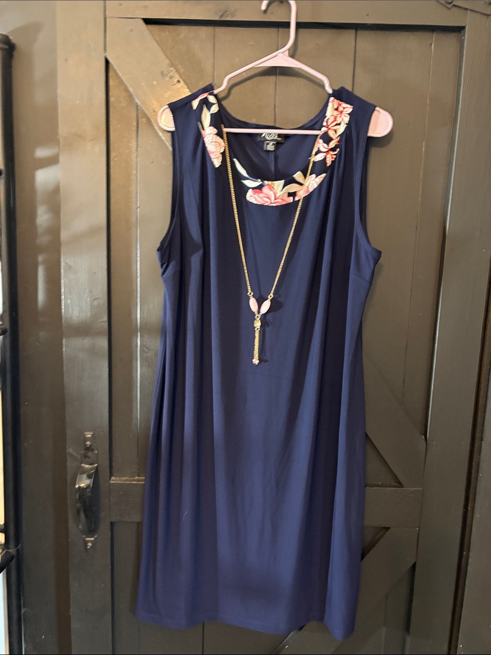 R & M Richards Navy Midi Dress with Pink Floral Neck Trim